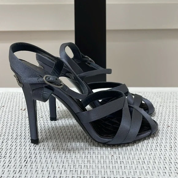CHANEL embellished blue-grey satin heals sandals size 37 NEW - Picture 4 of 10